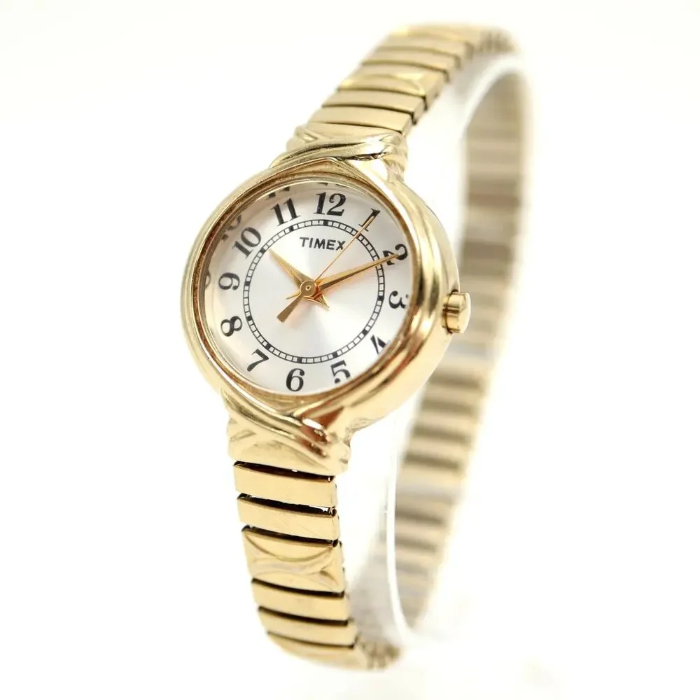 Timex Ladies 26mm Womens Gold Tone Watch Champagne Dial Stretch Band New Battery